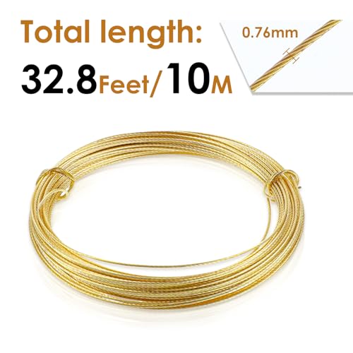 Image of 32.5 Feet(10m) Brass Picture Hanging Wire, 0.7mm Braided Picture Wires, Metal Wire Photo Frame Hanging Wires for Photo Frame Mirror Artwork Clock(Brass)