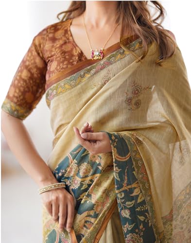 Image of SIRIL Women's Cotton Linen Kalamkari Printed Handloom Saree with Unstitched Blouse Piece