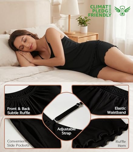 Image of NACHILA Women's Bamboo Viscose Pajama Shorts Sets-Cooling V Neck Cami Sleepwear, Soft Summer Camisoles Pjs Set with Pocket