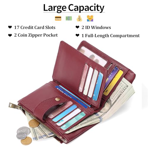 Image of SENDEFN Small Wallet for Women Leather RFID Blocking Wristlet Wallet Credit Card Holder with Double Zipper Coin Purse Ladies Bifold Purse (Wine Red)