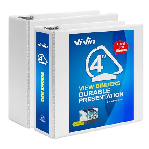 ViVin Durable 4 inch Slant-D Ring Binder, View Binder Three Ring Large Binder, 835-Sheet Capacity, Fit 8.5" x 11" Paper, 2 Pack (White)