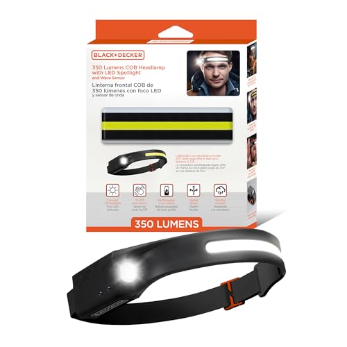 BLACK+DECKER Rechargeable Headlamp with Flashlight & Wave Sensor, 350 Lumens LED 230° Wide Beam Head Light, IP65 Waterproof, 4 Brightness Settings & SOS Mode, Fits Over Helmets, Head Lamp for Camping