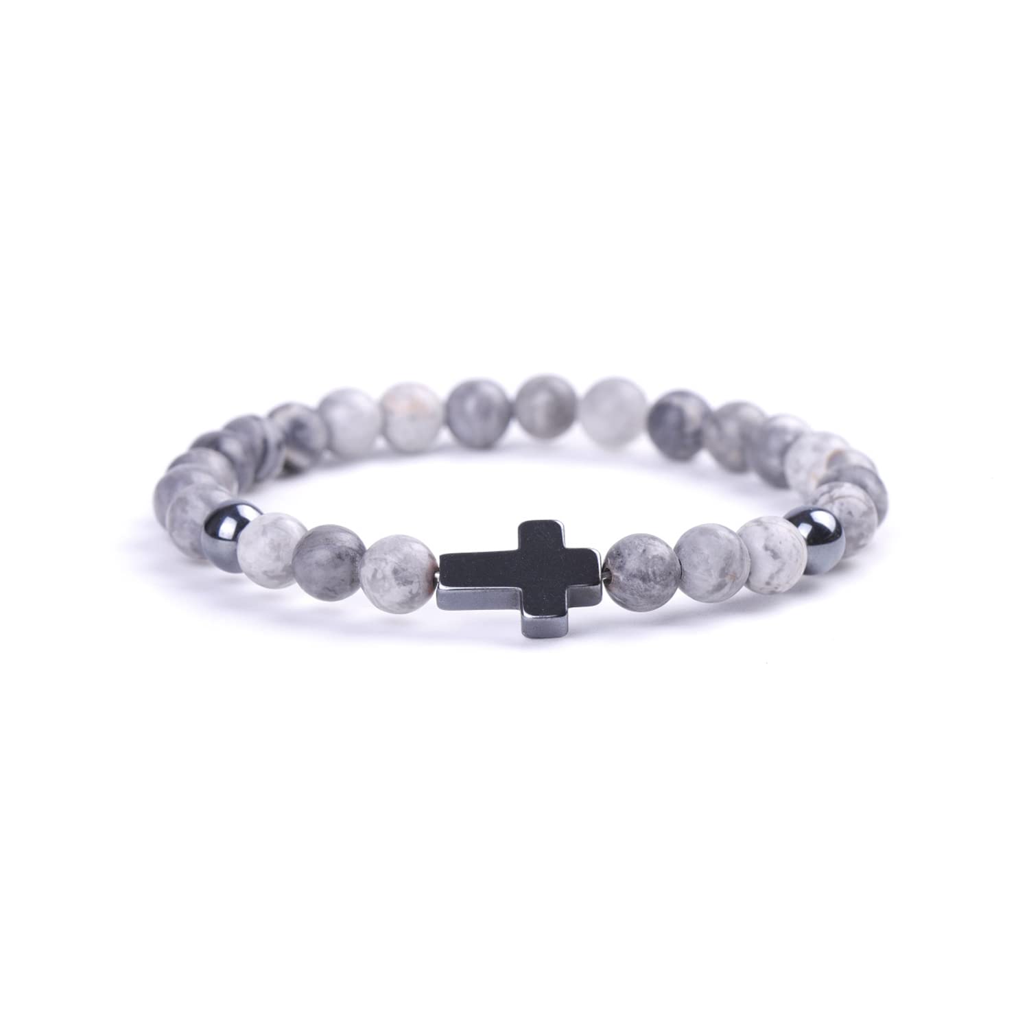 6mm Cross Beaded Bracelet for Women Natural Stone Stretch Link Prayer Bracelet for Women,7.1"