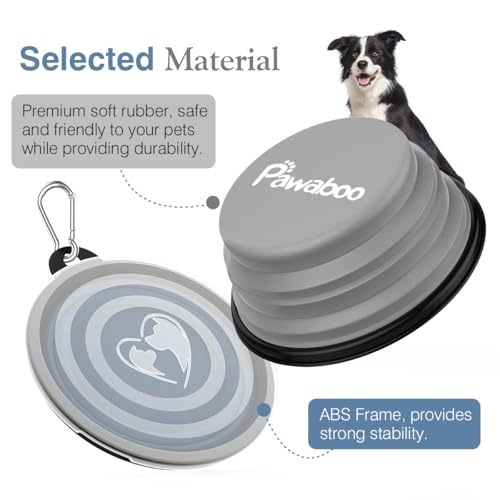 Pawaboo Faltbar Hundenapf, 2 Stück 1000 ml Hund Reisenäpfe Tragbar Silikon Auslaufsicher Trinknapf Fressnapf mit Deckel und Karabiner für Hunde Katzen Spaziergänge Unterwegs, Blau + Grau