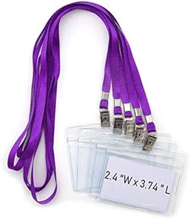 Bird Fiy Lanyards with id Holder Name Badges 50 Pcs Waterproof Type Clear Plastic Horizontal Name Tag Badge Id Card and 50 Pcs Lanyard (Purple)
