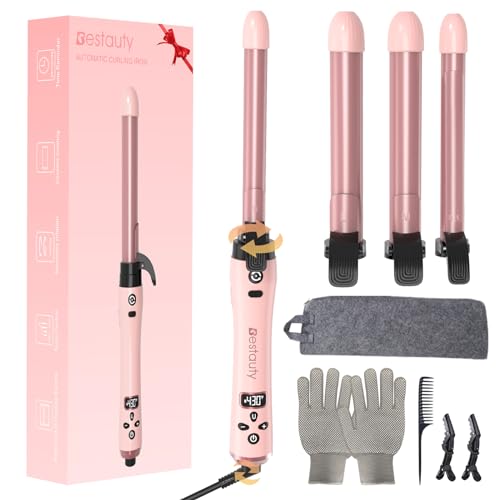 Bestauty Automatic Hair Curler, 4 in 1 Hair Curler with 19-32mm Interchangeable Ceramic Curling Tongs, 360° Rotating 160-220° C Curling Iron, Dual Voltage(Pink)