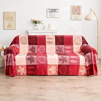Edcooy Bohemian Chenille Jacquard Tassel Throws - Reversible Red&Pink Maple Leaf Design for Boho Hippie Vibes - Oversized Blankets for Large Couch, Furniture, Sofa, Chair…
