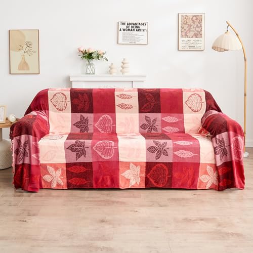 Edcooy Bohemian Chenille Jacquard Tassel Throws - Reversible Red&Pink Maple Leaf Design for Boho Hippie Vibes - Oversized Blankets for Large Couch, Furniture, Sofa, Chair…