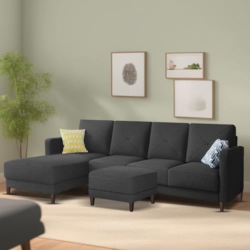 Image of Baloney LHS 6 Seater L Shape Sofa Set with Center Table for Living Room (Black Fabric) Premium Fabric Sofa