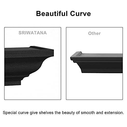 SRIWATANA Black Floating Shelves, Solid Wood Storage Wall Shelves Set of 4 Display Ledge Shelves Decor for Bedroom, Living Room, Bathroom, Kitchen - Black