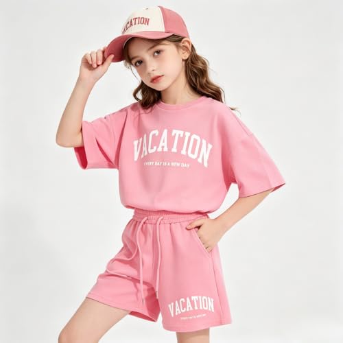 Image of Size 6-12 Years Girl's Tracksuit Sets 2 Piece Outfits Letter Print Vacation Tee Top and Drawstring Waist Shorts