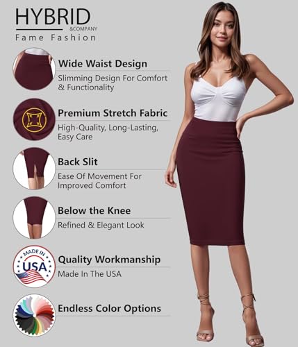 Image of Hybrid & Company Women's Premium Nylon Ponte Stretch High Waist Pencil Suit Skirt Below Knee