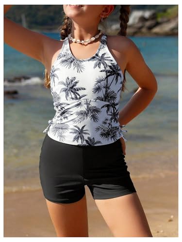 Image of BEAUDRM Girl's 2 Piece Tankini Set Tropical Print Bathing Suits Hawaiian Swimsuits with Shorts Beachwear Tankini