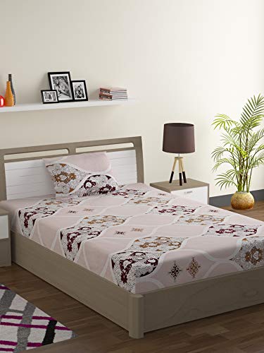 Image of Swayam Pure Cotton Single Bedsheet with 1 Pillow Covers | Size 60 x 90 inch | 160 TC | Ethnic Motifs Design | Soft Breathable Bed Sheet | Comfortable & Durable for Bedroom - Beige