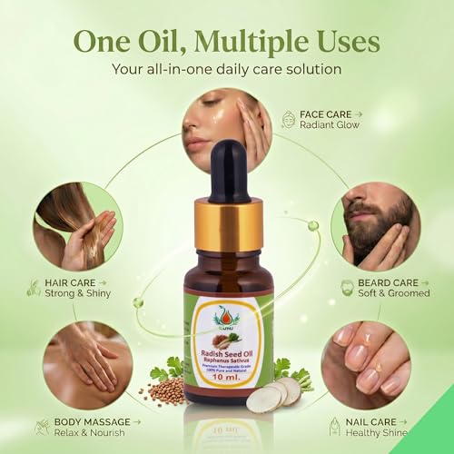 Image of KUNJ Radish Seed Oil (Raphanus sativus) 10ML - 100% Pure & Natural Cold Pressed Undiluted Carrier Oil for Hair Growth, Scalp Care, Skin Nourishment & DIY Beauty Blends