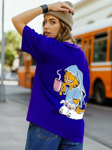 Image of Bewakoof X Garfield Garfield Women's 100% Cotton Graphic Print Oversized Fit Half Sleeve V-Neck T-Shirt | Casual wear | Streetwear | Oversized Tshirt for Woman Cotton| Baggy
