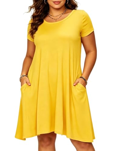 Image of Afibi Womens Short Sleeve Loose Pockets Dress Casual Swing T-Shirt Dresses