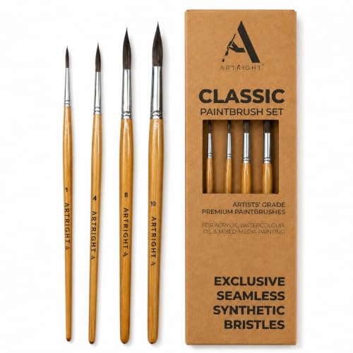 Image of Round Artist Paintbrush Set of 4Pcs, Natural Brown Handle Brushes for Fine Detailing, Line Work, Broad Strokes, Ideal for Acrylic, Watercolor Painting, Best for Beginner & Professional