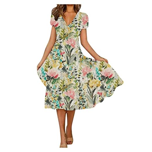 NNGOTD Robe D'été Femme Pas Cher Longue Pas Cher Midi Chic Mi Longue Robe D'été Décontracté Midi Robes Manche Courte Lâche Impression Sexy Dress Mi-Longue Genoux Jupe Robe Soiree Grossesse