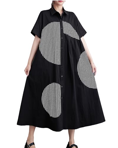 Image of ellazhu Women's Short Sleeves Button Down Patchwork Pattern Print Shirt Dress GZ151