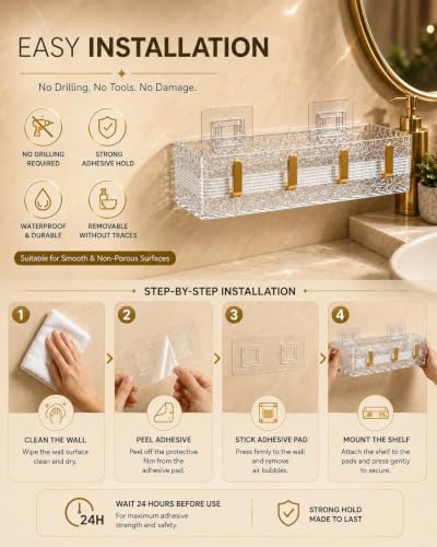 Image of Transparent Acrylic Set of 2 Shower Caddy with Golden Hooks| Bathroom Wall Shelf Organizer with 2 Tier Storage for Toiletries, Shampoo, Skincare, Cosmetics & Bathroom Accessories
