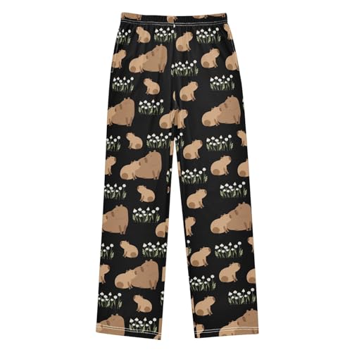Boys' Pants Animal Capybara White Flower Leaf Long Bottoms Jogger Pants Elastic Waist Trousers with Pockets S-XL