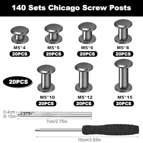 MirraSwit 140 Stück Chicago Binding Schrauben, Chicago Schrauben, M5 x 4/5/6/8/10/12/15mm Buchschrauben, Gürtelschrauben für Leder für DIY Leder Dekoration, Taschen, Handwerk, Geldbörse (grau)