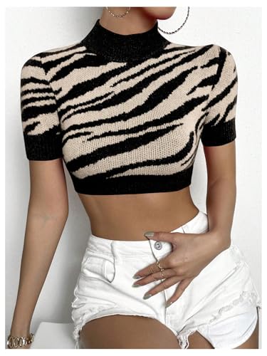 WDIRARA Women's Zebra Pattern Mock Neck Sweater Short Sleeve Pullover Knit Crop Top4