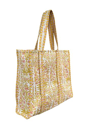 Image of Quilted Cotton Hand printed Reversible Large multicolor cotton Tote Bag,Indian Handmade Block Printed Tote Bag Women Handbag
