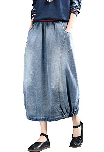 Flygo Women's Casual Elastic Waist Midi Long Denim Skirt with Pockets Light Blue