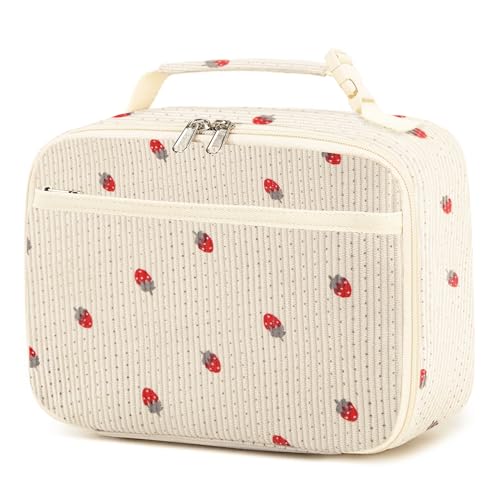 GODWOODS Cute Lunch Bag for Women & Men Corduroy Small Lunch Box with Cooler & Organizer Compartments Insulated Lunch Tote Bag for Travel Work (Strawberry)