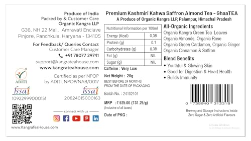 Image of Kangra Tea House GhaaTEA (20g - 20 - 30 servings) Artisanal Authentic Kashmiri Kahwa with Saffron & Almonds Green Tea | GI Tagged & NPOP Organic Certified | First Flush, 0 Bitterness | Direct From Palampur, Himachal Pradesh