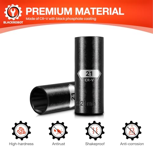 Image of BLACKROBOT 1 /2 Inch Drive 6-Point Deep Socket, 21mm Deep Impact Socket, CR-V Steel