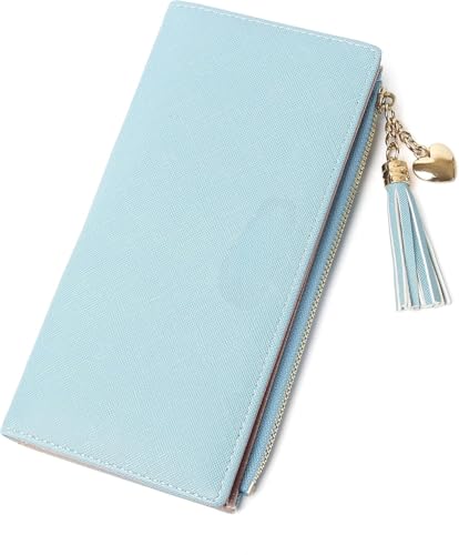Ultra Slim Bifold Genuine Leather Wallet for Women Credit Card Holder with Coin Pocket 8 Card Slots Clutch Design (Blue)