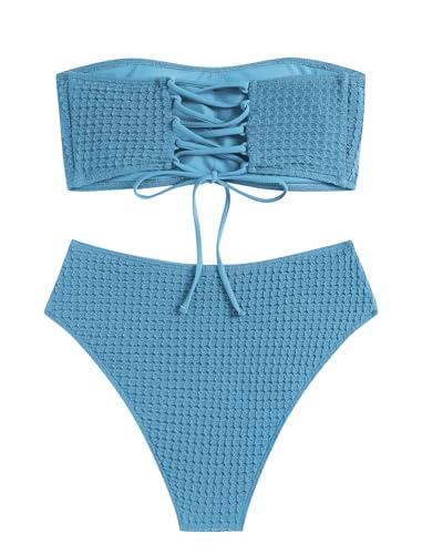 Image of ZAFUL Women's High Cut Bandeau Bikini Set Strapless Solid Color 2 Pieces Bathing Suit Swimsuit