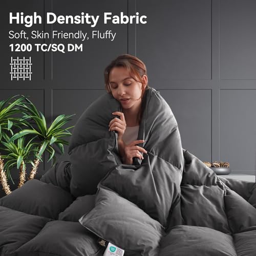 Image of L LOVSOUL Goose Feather Down Fiber Comforter Full Size, 100% Organic Cotton Fabric Duvet Insert,1200TC,750+FP, Hotel Collection, Heavyweight Grey with 8 Tabs,86X82IN
