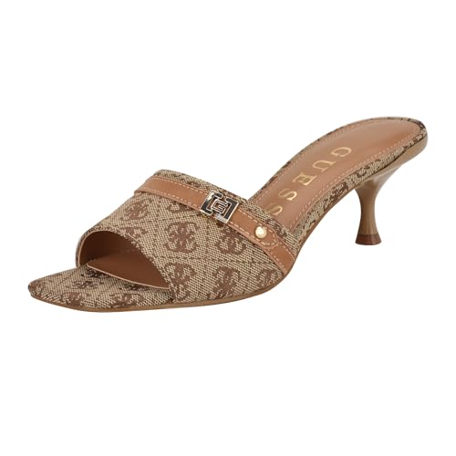 GUESS Women's Peomit Heeled Sandal, Medium Brown Logo 210, 39 EU