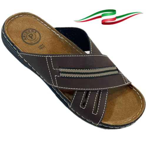 ARIZONA CIABATTE aperte Uomo in Pelle Made in Italy Tomaia Incrociata sottopiede soffice fondo S1L Antiscivolo (Testa di moro, Sistema Taglie Calzature EU, Adulto, Uomo, Numero, Media, 44)
