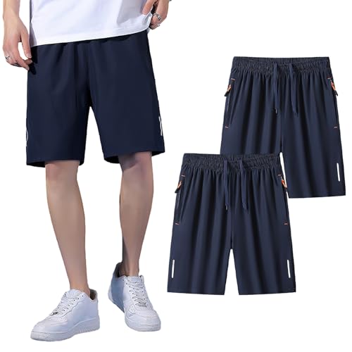 Jamron Hombre Tallas Grandes Pack de 2 Pantalones Cortos de Deporte de Running con Bolsillos con Cremallera y Banda Reflectante Azul + Azul 5XL