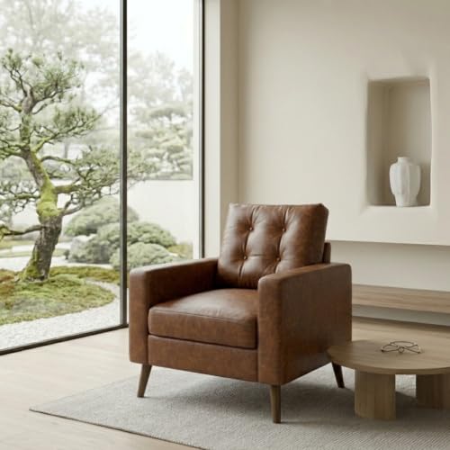 Image of HNY Mid Century Modern Armchair, Button Tufted Faux Leather Accent Chair with Armrests, Upholstered Club Chair for Living Room, Bedroom & Office, Caramel Brown