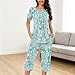 Auwer Womens Fashion Summer 2 Pc Pajamas Round Neck Short Sleeve Pleats Loose Capri Pants Printed Sleepwear with Pockets Light Blue
