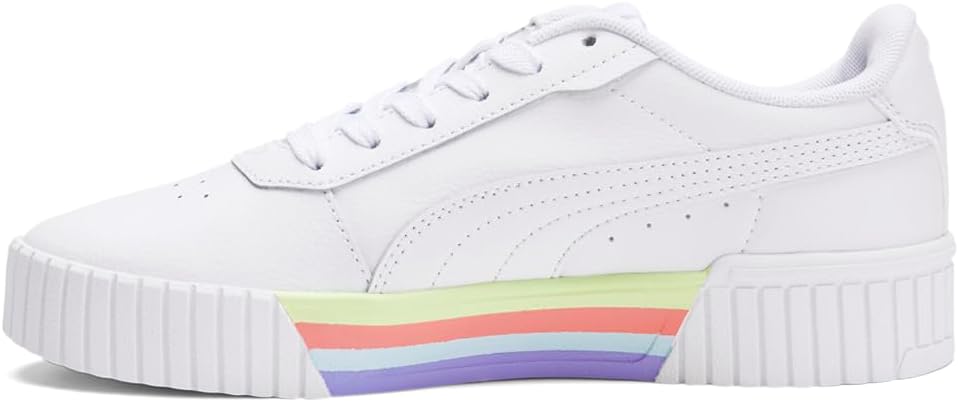Puma - Juniors Carina 2.0 Stripes Shoes, Size: 6 M US Big Kid, Color: Puma White/Elektro Purple/Sunset Glow