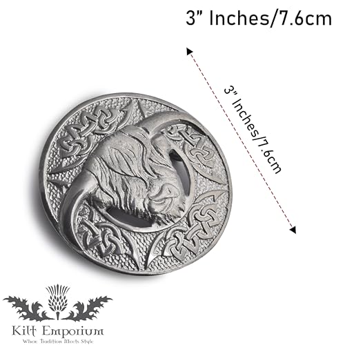Image of Scottish Highland Cow Kilt Brooch Pin - Brass, 3-Inch (Silver Antique)