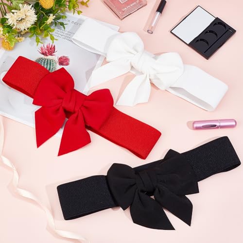 CRASPIRE 2 Colors Elastic Bow Belts Black Red White Cloth Bowknot Wide Stretch Sash Tie Elastic Chain Waist Belt Band Vintage for Women Ladies Wedding Trench Coat Overcoat Decorative4
