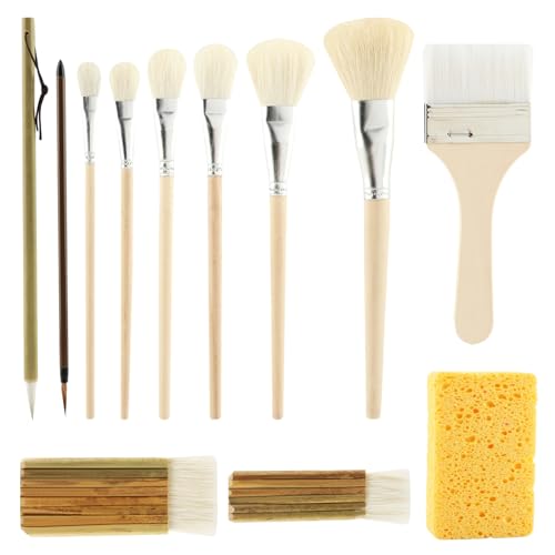 12 PCS Ceramic Painting Brush Natural Goat Hair Glaze Brushes with Cleaning Sponge Multi-Purpose Craft Brushes for Pottery Glazing Watercolor & Acrylic Painting