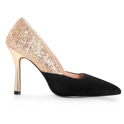 ANN CREEK Women's Pumps Sparkly High Heels Stiletto Classic Pointed Toe Patchwork Shoes for Wedding, Party, Dress Black Gold Size 9.52