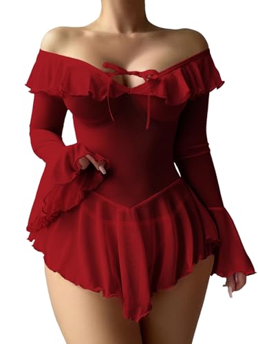 Neohouny Plus Size Lingerie for Curvy Women Cute Lingerie Festival Rave Outfits Mini Lace Babydoll Dress Sheer Lingerie Sets Wine Red 3XL