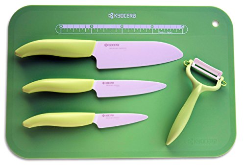 Kyocera Keramikmesser Set- 3 Messer Griff grün + Keramikschäler + Schneidunterlage Fb. grün