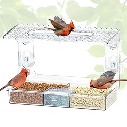 SJUNJIE Comedero para Pájaros Exterior Transparent...: Cantidad del producto: Recibirá 1 juego de comedero para pájaros de ventana grande transparentes, tamaño 24,6*9,8*13,7 cm/9,69*3,86*5,39 pulgadas (largo*ancho*alto) + 4 piezas de ganchos para un fácil montaje Comedero pajaros ventana transparente ext...