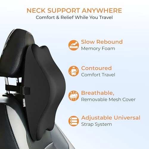 Image of CareFoam Memory Foam Car Neck Pillow for Driving Comfort - Ergonomic Headrest Cushion for Neck & Spine Support - Adjustable Strap, Breathable Washable Cover, Ideal for Long Drives | Black Velvet